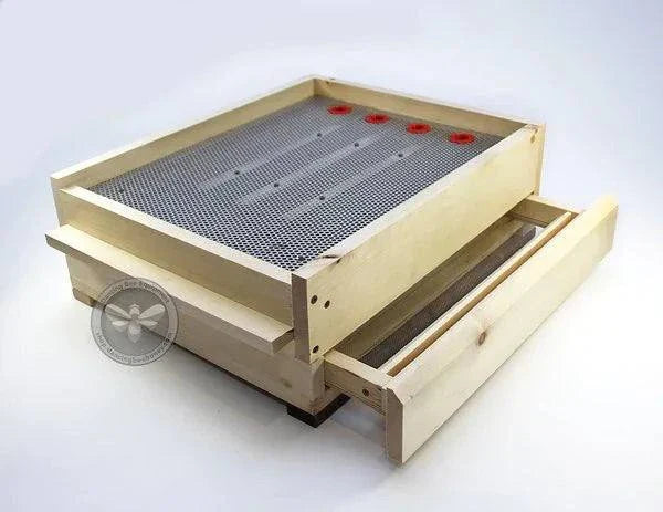 Wooden pollen trap with front drawer, designed for safe pollen collection.