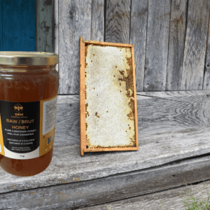 Raw Honey 1 kg jar with honeycomb against rustic wood background, Ontario Grade #3.