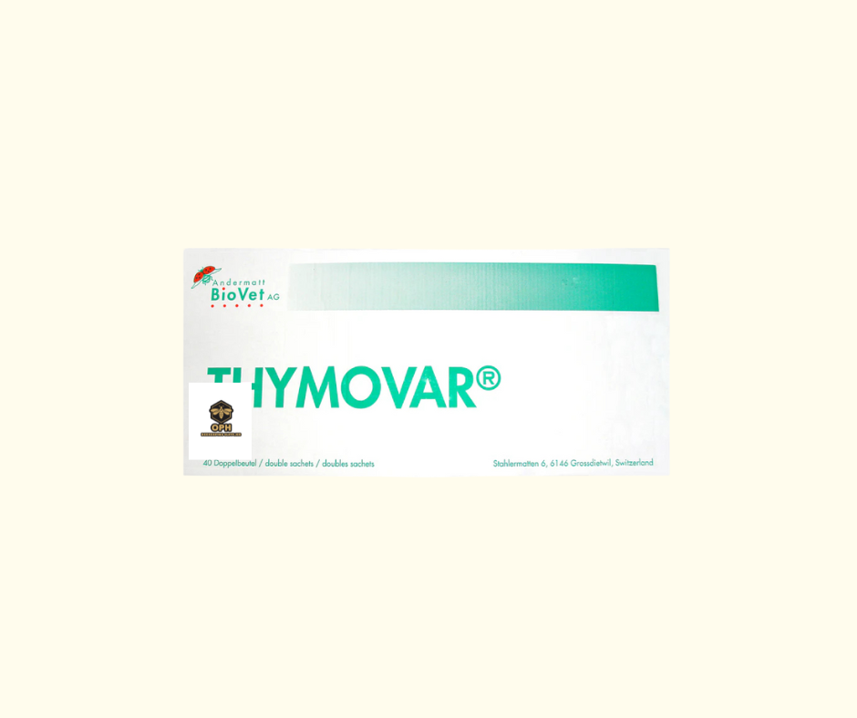 Varroa Mite Treatment Thymovar packaging for mite control in bee hives.