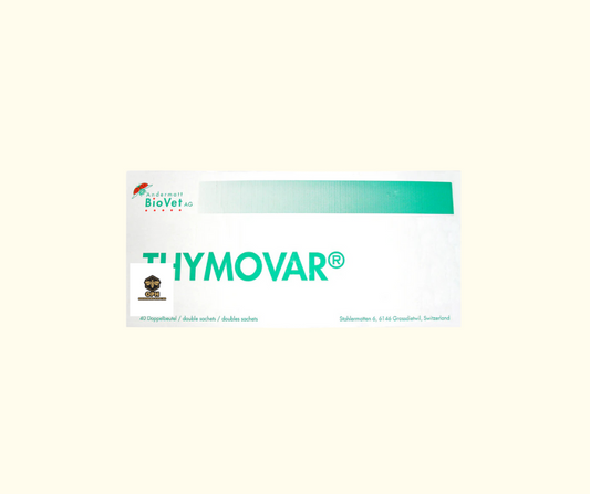 Varroa Mite Treatment Thymovar packaging for mite control in bee hives.