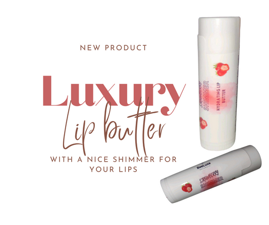 Strawberry Shimmer Lip Butter Balm tube with luxury design and shimmer effect.