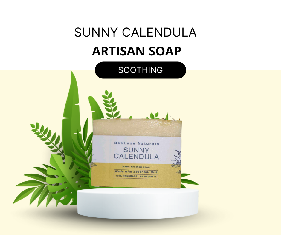 Artisan soap Sunny Calendula with soothing natural ingredients on display.