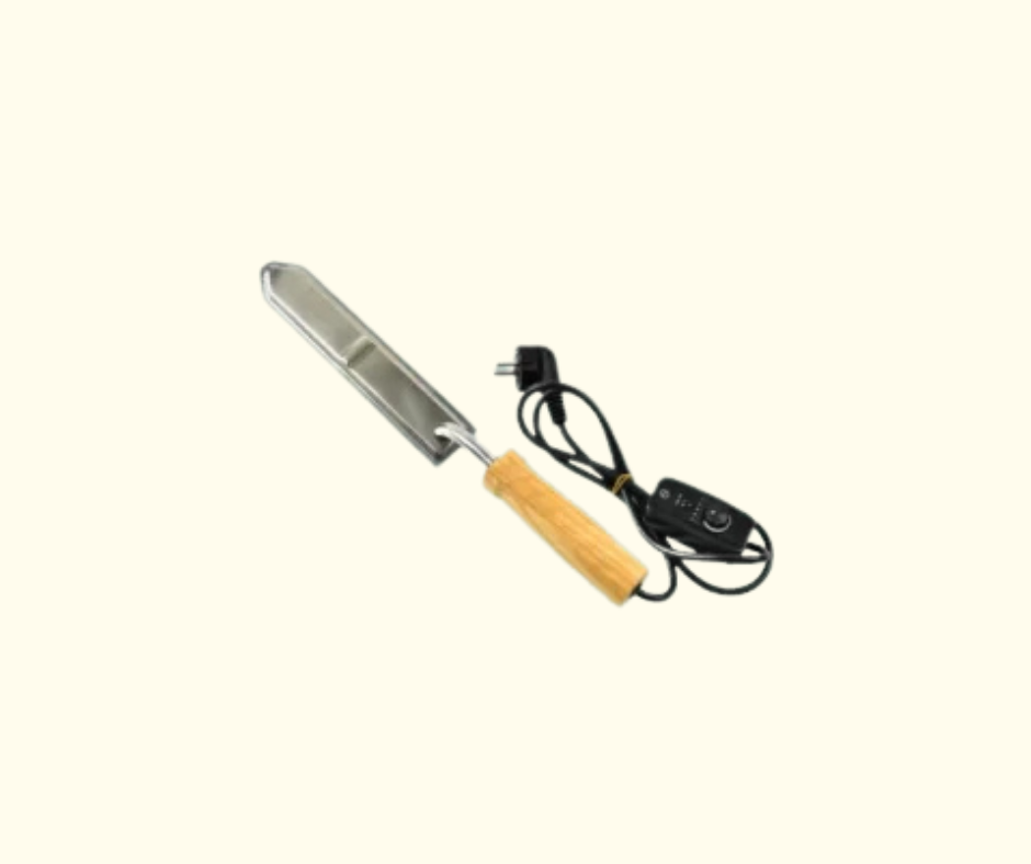 Temperature controlled uncapping knife for honey extraction with wooden handle and electric plug.