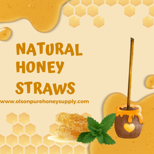 Natural honey straws with honeycomb and dipper illustration.