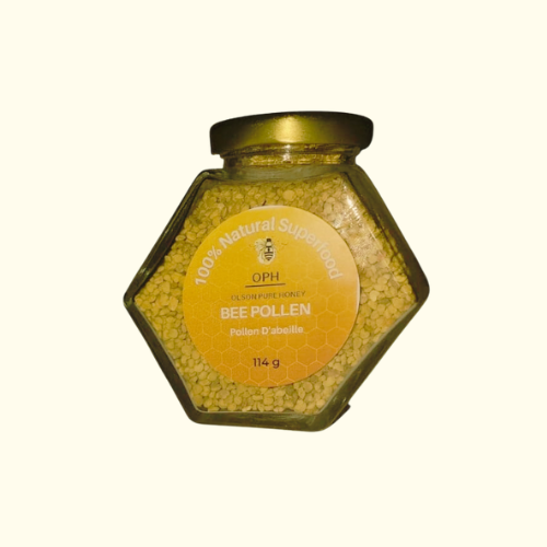 Raw Bee Pollen 114g in hexagonal glass jar, natural superfood label.