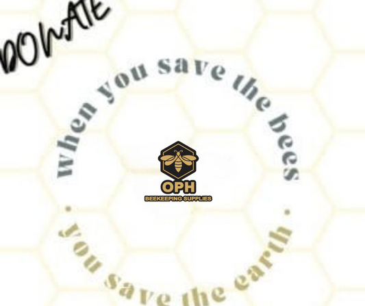 Save the honey bees donation appeal with OPH logo and honeycomb background.