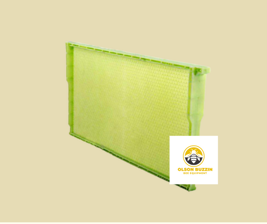 Bright green full plastic acorn drone frame with beeswax coating for queen breeding, wax moth and rodent resistant.