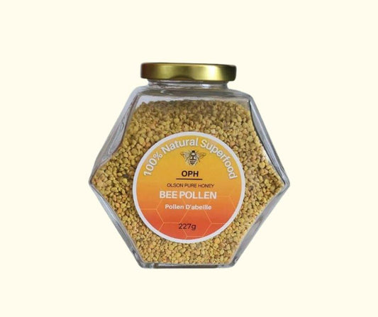 227g jar of raw bee pollen, a natural superfood rich in enzymes, amino acids, and antioxidants.