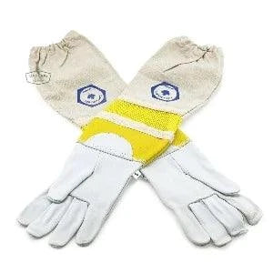 Vented beekeeping gloves with long cuffs and breathable mesh, offering protection and comfort.