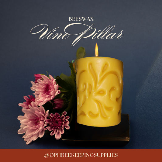 Beeswax vine pillar3 x 3.75 inch candle with intricate design and flowers, eco-friendly decor.