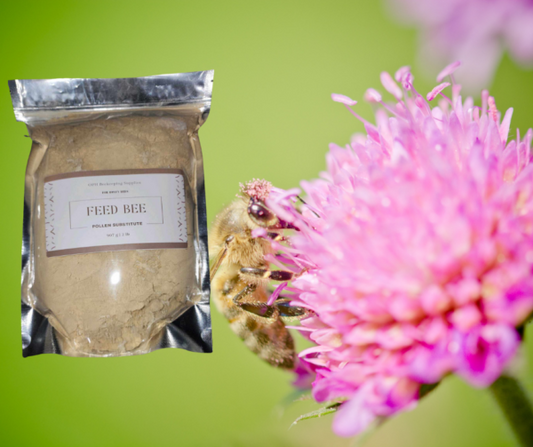 Feed Bee Pollen Substitute packaging with bee on flower, highlighting optimal nutrition for productive bees.