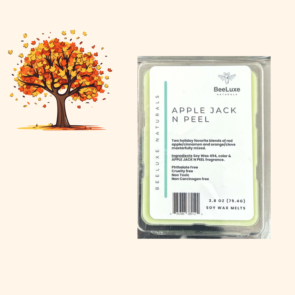 Apple Jack 'n Peel Soy Melts packaging with tree illustration.