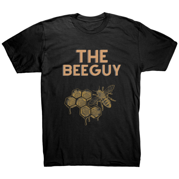 Bee Guy T-shirt with honeycomb design on black fabric.