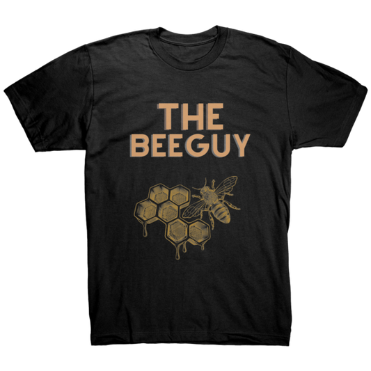 Bee Guy T-shirt with honeycomb design on black fabric.