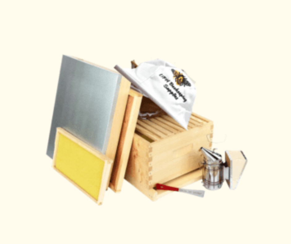 Bee Hive Starter Kit with wooden hive box, smoker, hive tool, and beekeeper veil.