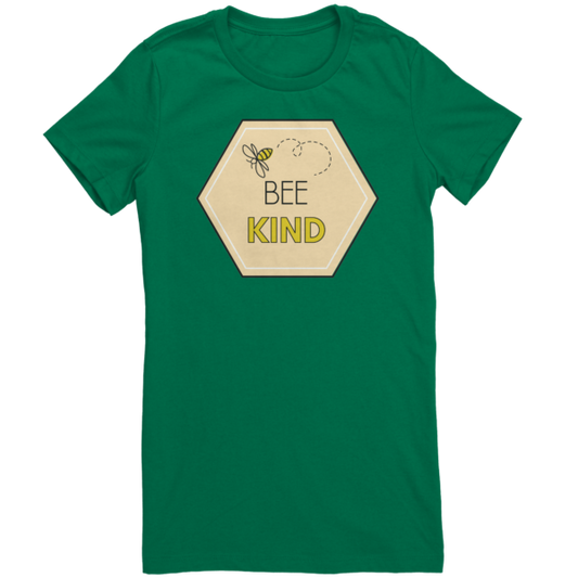 Bee Kind Women's T-Shirt with bee graphic on green fabric, slim fit.