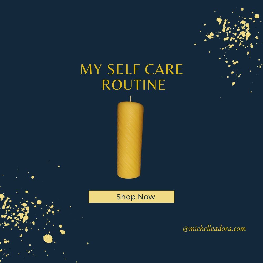 Beeswax Decorative Swirl Candle on blue background with text 'My Self Care Routine'; eco-friendly home decor.