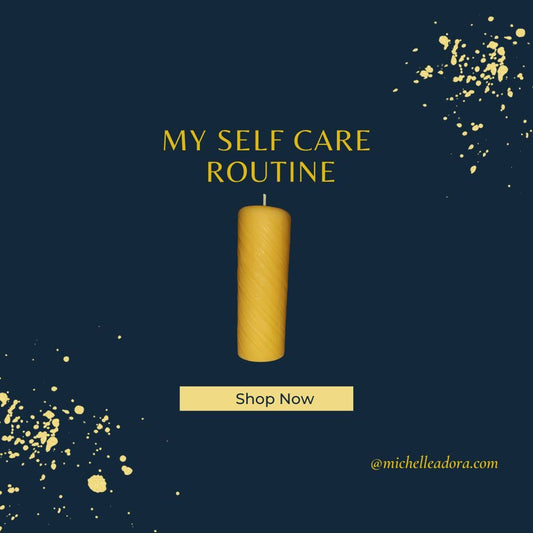 Beeswax Decorative Swirl Candle on blue background with text 'My Self Care Routine'; eco-friendly home decor.