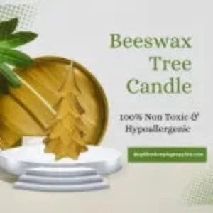 Beeswax Tree Candle displayed on a decorative platform, highlighting its 100% non-toxic and hypoallergenic properties.