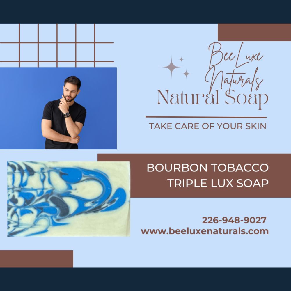 Bourbon Tobacco Triple Lux Soap advertisement with moisturizing properties, featuring cocoa, shea, and mango butters.