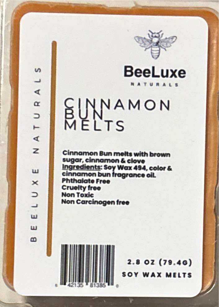 Cinnamon Bun Wax Melts packaging, featuring warm, cozy fragrance notes; all-natural and environmentally friendly product from Beeluxe Naturals.