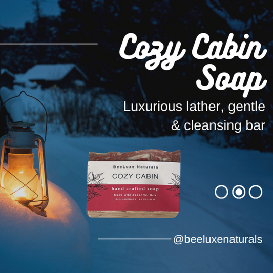 Cozy Cabin Artisan Soap with natural ingredients, featuring a rustic snowy cabin backdrop.