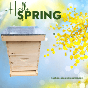 Bee Hive Starter Kit 8 Frame Double Hive with yellow flowers background.