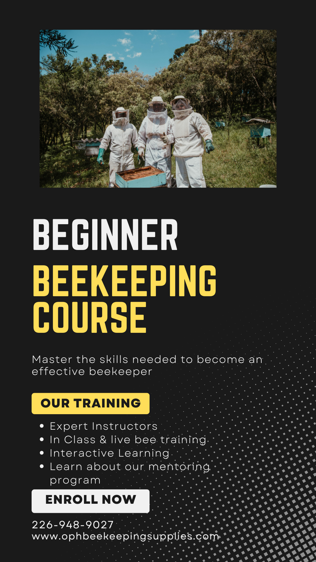 Beginner beekeeping course flyer with instructors in protective gear working with hives.