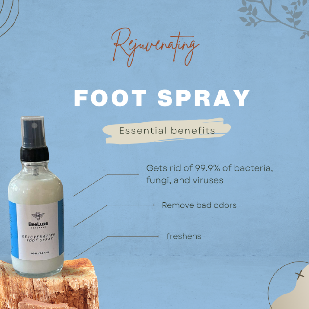 Rejuvenating Foot Spray 100 ml with peppermint and tea tree oil, essential benefits highlighted.