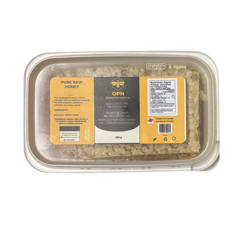 Raw Honey Comb 350 g package by Olson Pure Honey, showcasing pure, unprocessed honeycomb for culinary and nutritional delight.