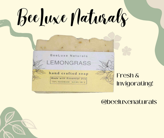 Artisan soap with lemongrass scent, handcrafted and vegan-friendly, by BeeLuxe Naturals.