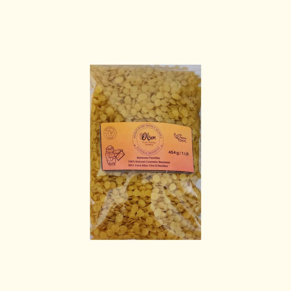 Beeswax-Organic Beeswax Pastilles in 454g package, natural yellow hue.