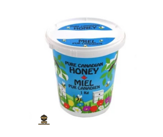 Pure Canadian empty honey plastic tub with airtight lid and colorful design.