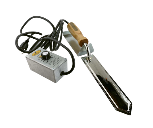 Uncapping knife with heatable stainless-steel blade and ergonomic handle for efficient honey extraction.