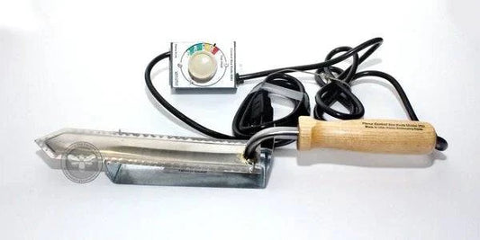 Pierce Electric Uncapping Knife with heat control, stainless steel blade, wooden handle, and temperature control box.