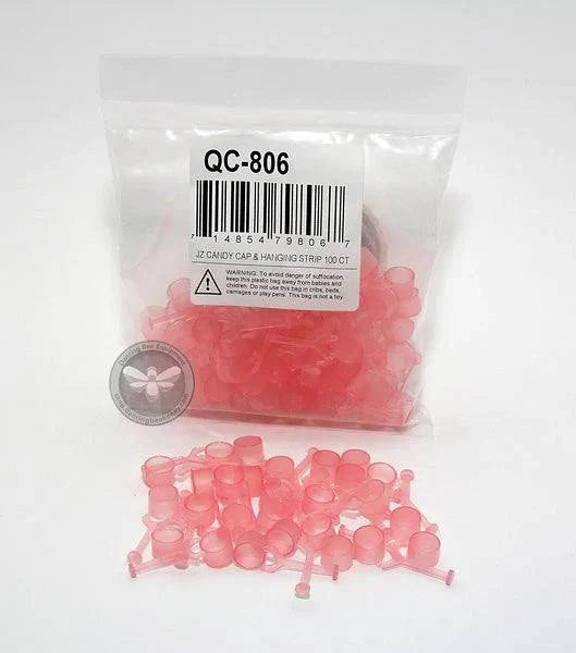 Pink Queen Candy Caps for queen rearing in bee cages, available individually or in packs of 25.