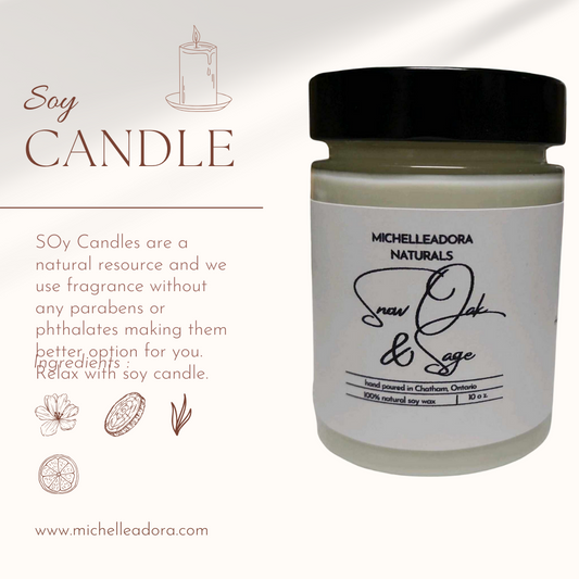 Snow Oak & Sage Soy Candle 10 oz jar with minimalist design and natural fragrance notes.