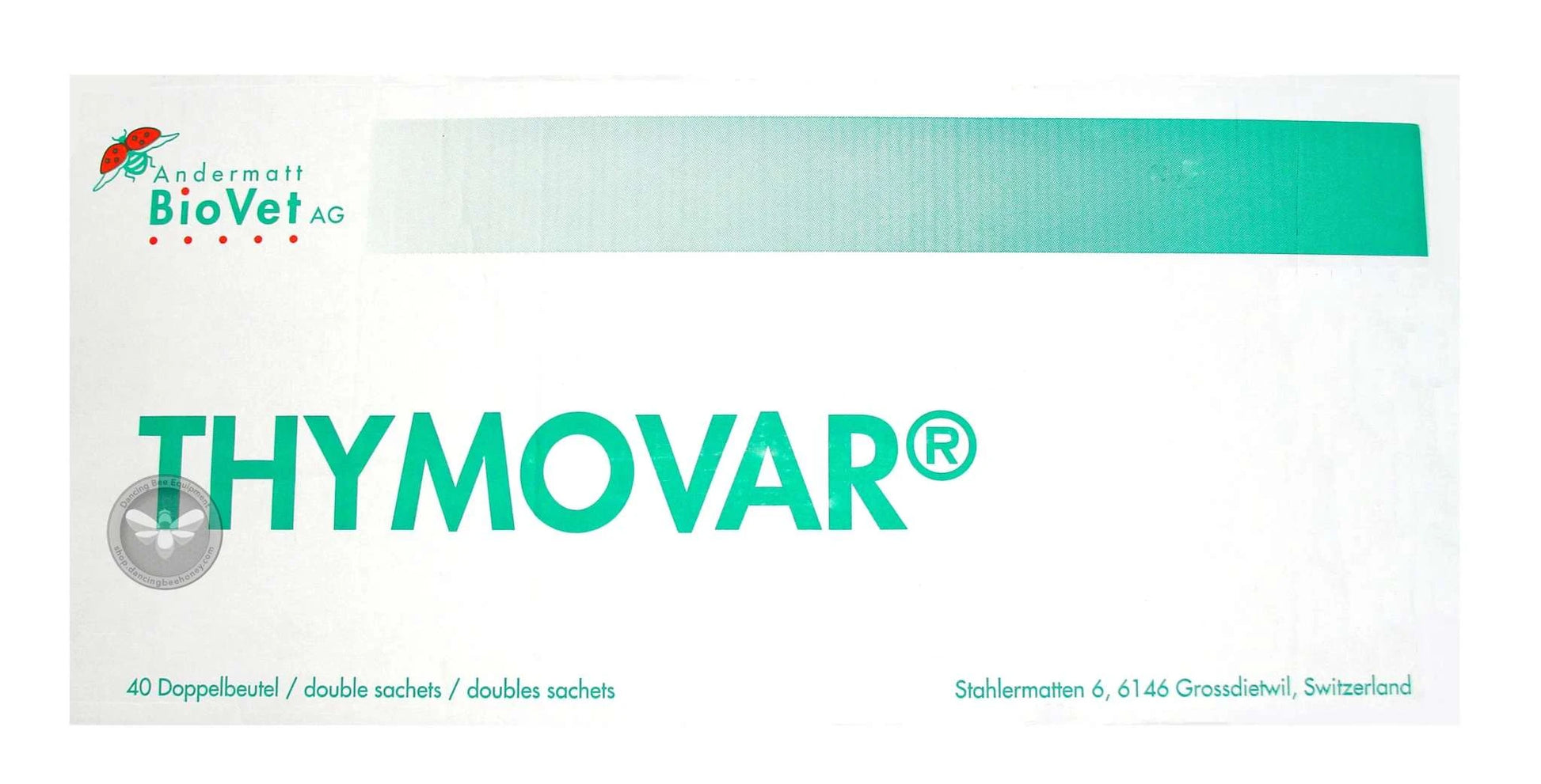 Thymovar packaging for mite treatment control in hives.