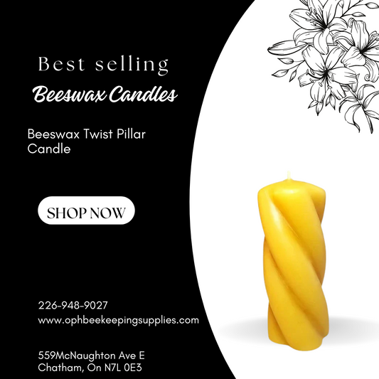 Decorative twist beeswax pillar candle, 2x4.75 inches, elegant design.