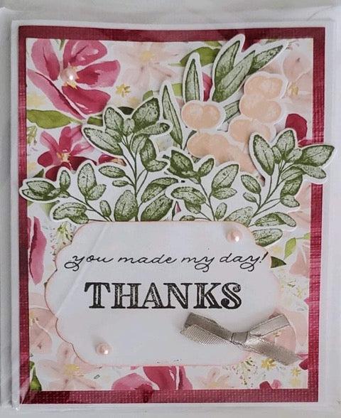 Hand-made and painted thank you card with floral design and "Thanks" message.