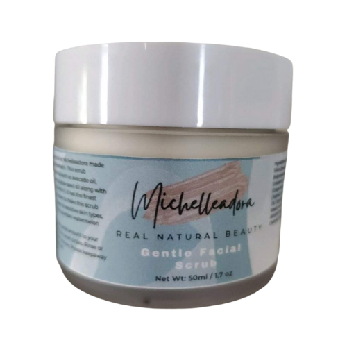 Gentle Facial Scrub by Michelleadora in 50ml jar with natural oils and shea butter.