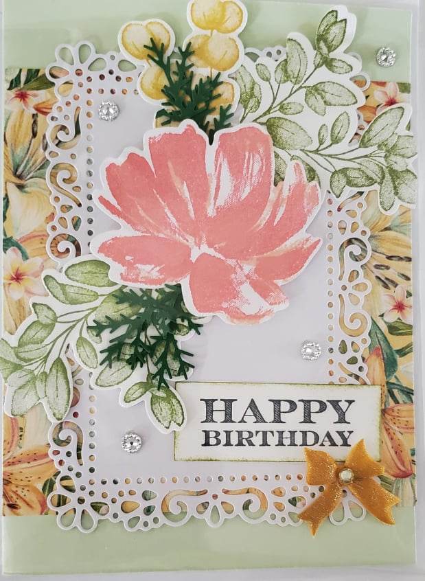 Hand-painted floral Happy Birthday greeting card with intricate lace design.