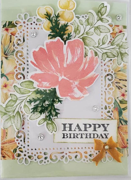 Hand-painted floral Happy Birthday greeting card with intricate lace design.